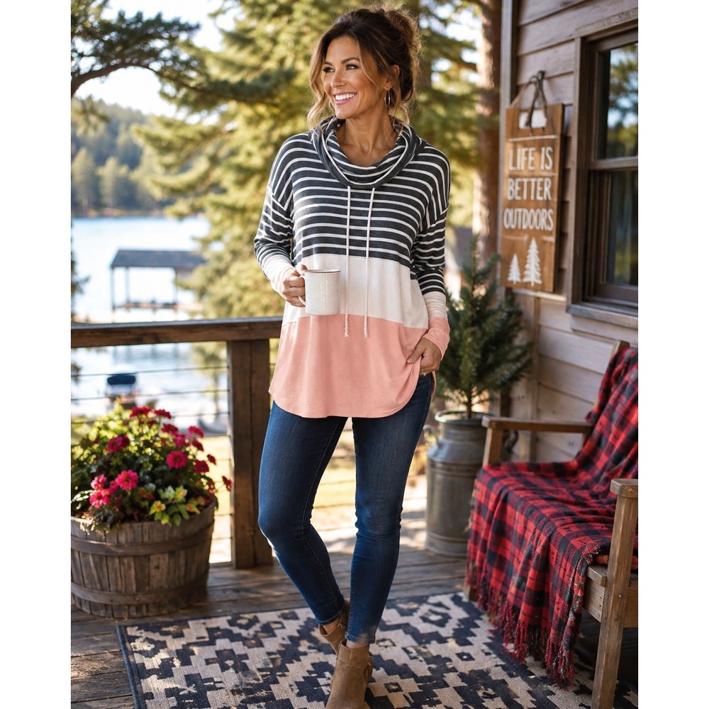 My Story Small Cowl Neck Tunic Striped Pink Gray White Colorblock Long Sleeve